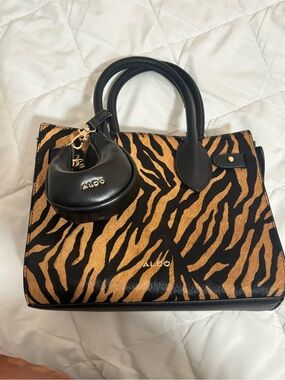 ALDO Black and Tan Zebra-Print Satchel with Mini Pouch